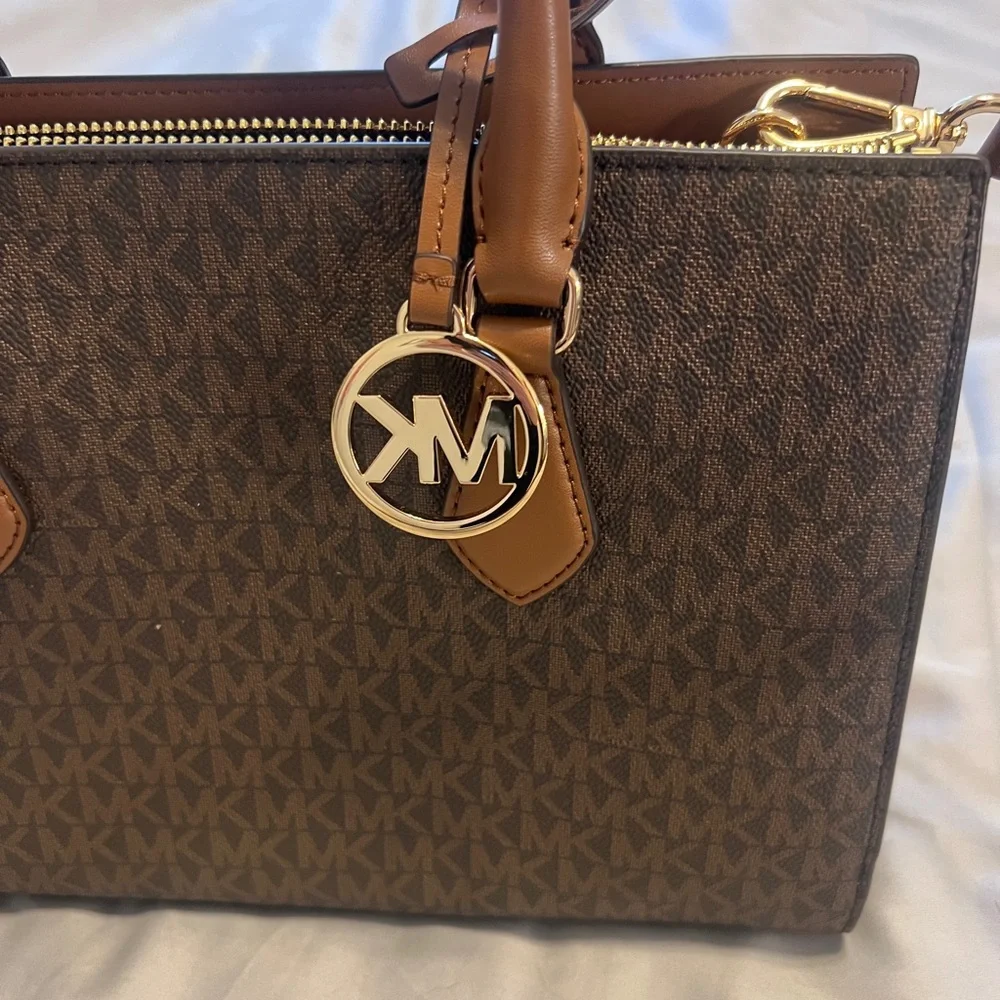 NEW Michael Kors Brown Logo Satchel with Tan Accents - Picture 3 of 9